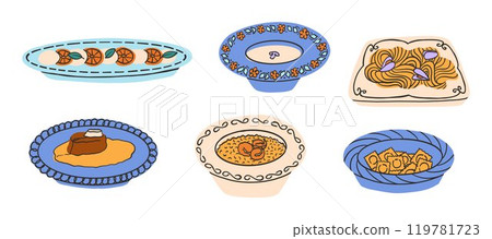 Set of Italian dishes. Pasta, tomatoes with mozzarella, ravioli. Vector illustration in modern style 119781723