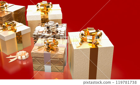 The Gold Gift box on red Background for holiday or celebration concept 3d render. The Gold Gift box on red Background for holiday or celebration concept 3d render. 119781738