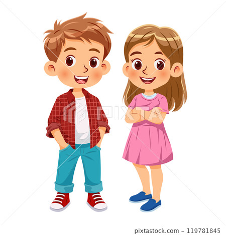 Vector illustration cartoon of a cute boy and a cute girl standing together smiling_01 119781845