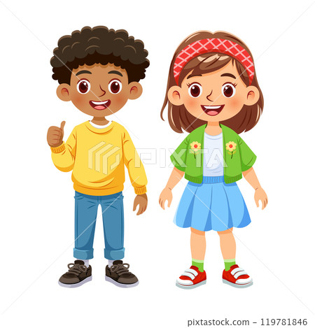 Vector illustration cartoon of a cute boy and a cute girl standing together smiling_02 119781846
