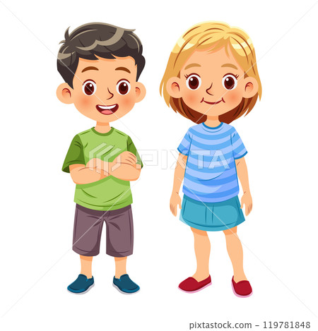 Vector illustration cartoon of a cute boy and a cute girl standing together smiling_04 Vector illustration cartoon of a cute boy and a cute girl standing together smiling_04 119781848