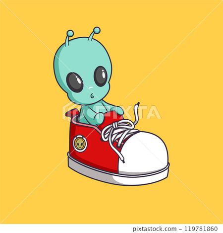 Cute Alien Riding big shoes Cartoon Vector Icon Illustration. Science sport Icon Concept Isolated Premium Vector. Cute Alien Riding big shoes Cartoon Vector Icon Illustration. Science sport Icon Concept Isolated Premium Vector. 119781860