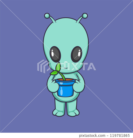 Cute alien Holding Plant In A Pot Cartoon Vector Icon Illustration. Scene Nature Icon Concept Isolated Premium Vector. 119781865
