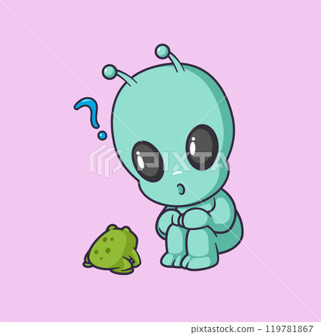cute alien confused looking at a frog Cartoon Vector Icon Illustration. Scene animal Icon Concept Isolated Premium Vector. 119781867