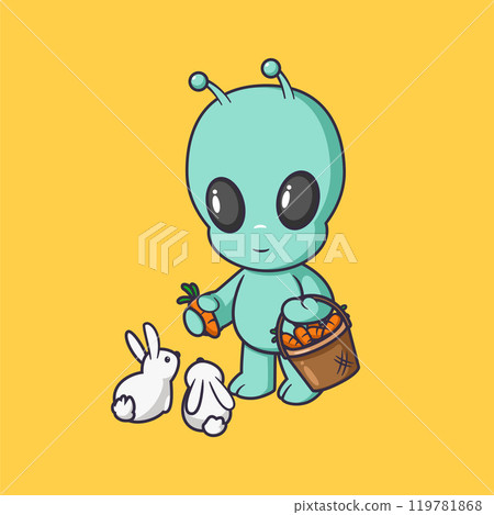 cute alien carrying a basket of carrots and giving them to rabbits Cartoon Vector Icon Illustration. Scene animal Icon Concept Isolated Premium Vector. 119781868