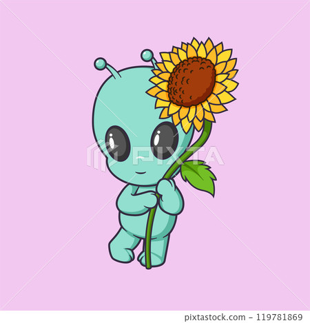 cute alien carrying a big sunflower Cartoon Vector Icon Illustration. Scene flower Icon Concept Isolated Premium Vector. cute alien carrying a big sunflower Cartoon Vector Icon Illustration. Scene flower Icon Concept Isolated Premium Vector. 119781869