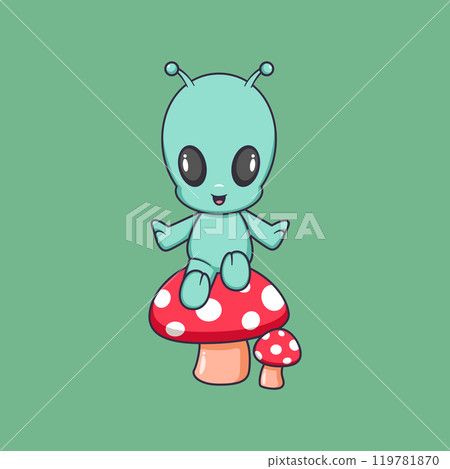 cute alien sitting on big mushroom Cartoon Vector Icon Illustration. Scene nature Icon Concept Isolated Premium Vector. 119781870