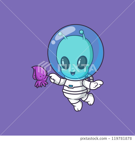 cute alien diving and playing with sea jellyfish Cartoon Vector Icon Illustration. Scene sealife Icon Concept Isolated Premium Vector 119781878