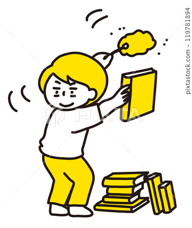 一位女士正在努力整理書架並清除灰塵（2C） 119781894