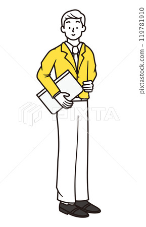A simple full-body illustration of a smiling businessman holding a laptop 119781910