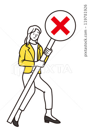 A simple full-body illustration of a sad businesswoman holding a cross sign 119781926
