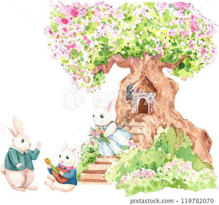 Parent and baby rabbits walk out of the tree house., hand-drawn watercolor painting illustration 119782070