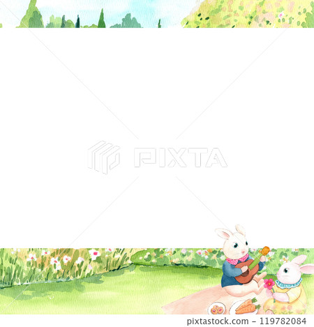 Two rabbits are having a picnic in a colorful flower garden., hand-drawn watercolor frame design Two rabbits are having a picnic in a colorful flower garden., hand-drawn watercolor frame design 119782084