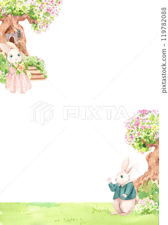 A male rabbit stands waving to a female rabbit holding a bouquet of flowers., hand-drawn watercolor frame design A male rabbit stands waving to a female rabbit holding a bouquet of flowers., hand-drawn watercolor frame design 119782088