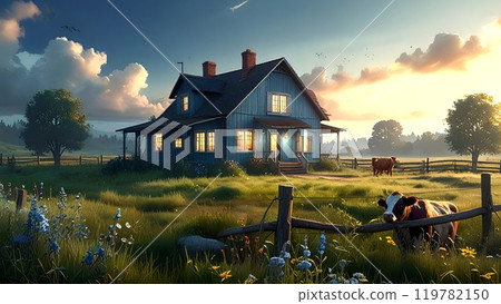 View of a rural cattle farm  119782150