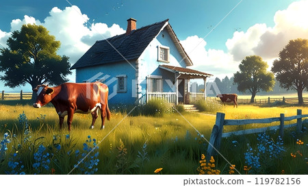 View of a rural cattle farm  119782156