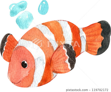 Red Clownfish Cartoon Marine Animals, Watercolor Hand-drawn Illustration 119782172