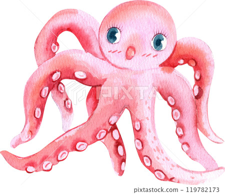 Pink-red Octopus Cartoon Marine Animals, Watercolor Hand-drawn Illustration 119782173