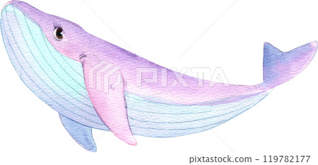 Pink Whale Cartoon Marine Animals, Watercolor Hand-drawn Illustration 119782177