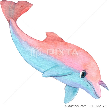 Red Dolphi Cartoon Marine Animals, Watercolor Hand-drawn Illustration 119782178