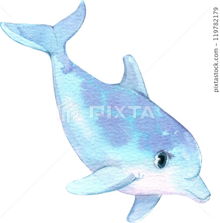 Blue Dolphin Cartoon Marine Animals Watercolor Hand-drawn Illustration 119782179