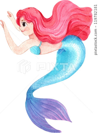 Red-haired mermaid swimming Cartoon Character, Watercolor Hand-drawn Illustration 119782181