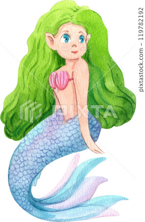Green-haired mermaid swimming Cartoon Character, Watercolor Hand-drawn Illustration 119782192