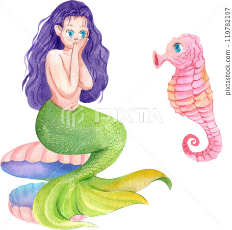 Mermaid sitting on a jellyfish, a seashell with a pearl and a seahorse, Watercolor Hand-drawn Illustration 119782197