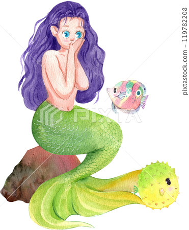 Mermaids sitting on the stones with a Buttefly and Puffer fish, Watercolor Hand-drawn Illustration 119782208