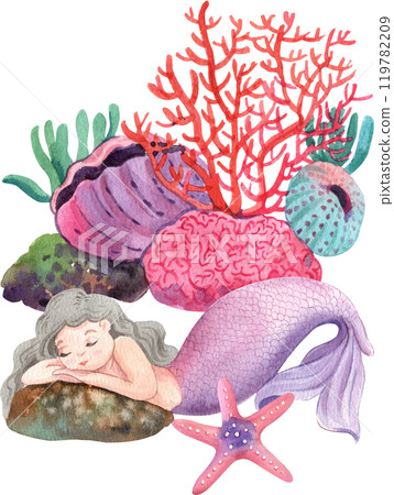 Mermaid with Red Coral Reef and seaweed, Watercolor Hand-drawn Illustration Mermaid with Red Coral Reef and seaweed, Watercolor Hand-drawn Illustration 119782209