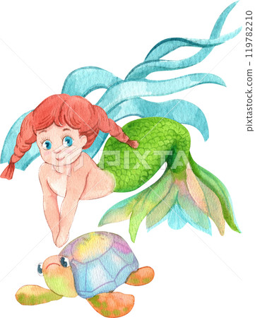 Mermaid with Turtle Marine Life, Watercolor Hand-drawn Illustration 119782210