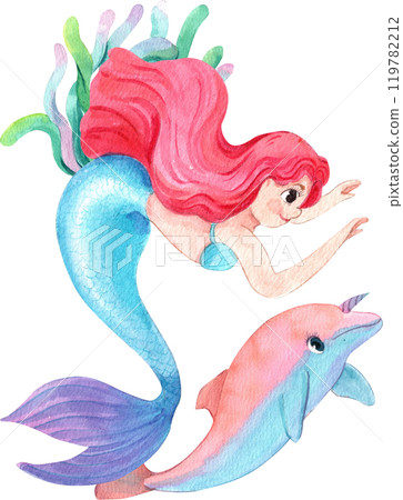 Mermaids swimming with a dolphin looking happy, Watercolor Hand-drawn Illustration Mermaids swimming with a dolphin looking happy, Watercolor Hand-drawn Illustration 119782212