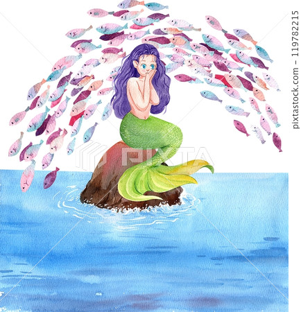 Mermaids sitting on the stones with a school of fish, Watercolor Hand-drawn Illustration 119782215