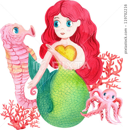 Red-haired mermaids with a sea horse, a squid, and red branch coral, Watercolor Hand-drawn Illustration Red-haired mermaids with a sea horse, a squid, and red branch coral, Watercolor Hand-drawn Illustration 119782216