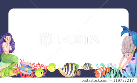 Mermaids and Marine Animals Frame Design, Watercolor Hand-Drawn Illustration 119782217
