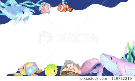 Mermaids and Their Aquatic Allies Frame Design, Watercolor Hand-Drawn Illustration Mermaids and Their Aquatic Allies Frame Design, Watercolor Hand-Drawn Illustration 119782219
