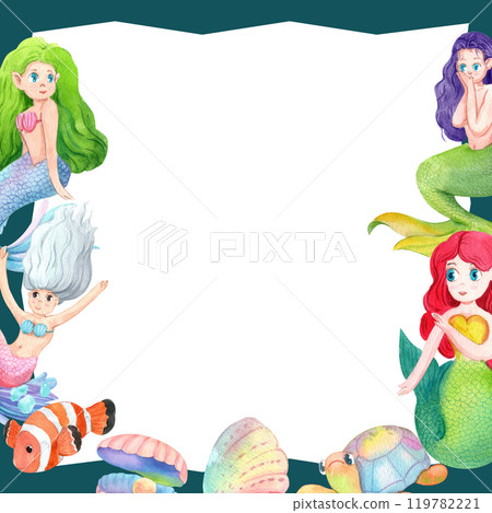 Mystical Mermaids and Their Ocean Friends Frame Design, Watercolor Hand-Drawn Illustration Mystical Mermaids and Their Ocean Friends Frame Design, Watercolor Hand-Drawn Illustration 119782221