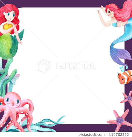 Two Mermaids with Marine Life Frame Design, Watercolor Hand-Drawn Illustration 119782222