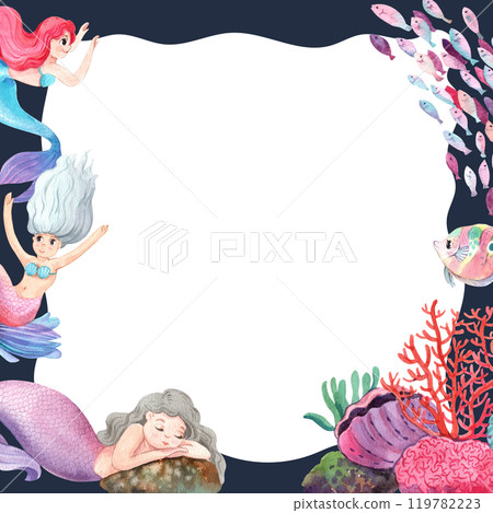 Mermaids in Harmony with Ocean Creatures Frame Design, Watercolor Hand-Drawn Illustration 119782223