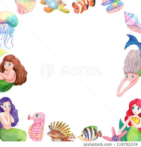 Mermaids and Their Underwater Companions Frame Design, Watercolor Hand-Drawn Illustration Mermaids and Their Underwater Companions Frame Design, Watercolor Hand-Drawn Illustration 119782224