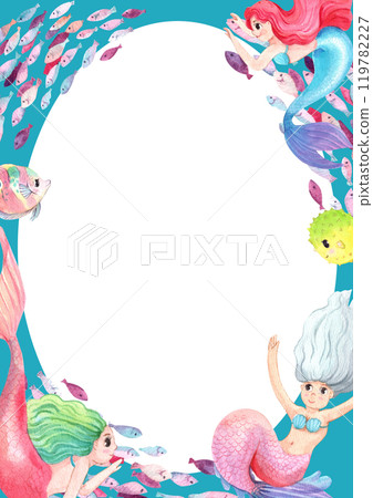 A Symphony of the Sea with the Mermaids Frame Design, Watercolor Hand-Drawn Illustration 119782227