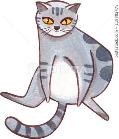 gray and white cat with dark gray stripes sitting upright, hand-drawn watercolor painting illustration 119782475