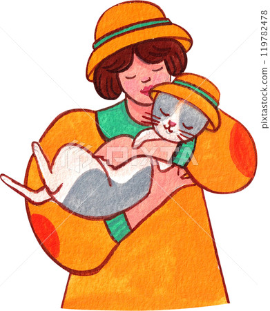 woman in an orange shirt holding a gray and white cat in an orange hat, hand-drawn watercolor painting illustration 119782478
