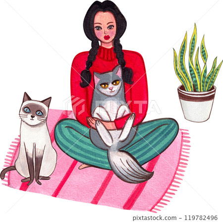 A woman in a red shirt holds a cat on her lap. Next to her is a blue cat on a mat near a snake plant., hand-drawn watercolor painting illustration 119782496