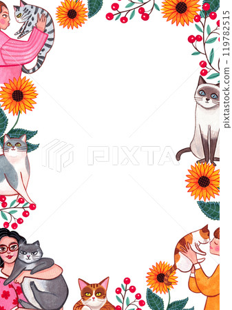 A woman holds a cat while playing amidst bright yellow flowers., hand-drawn watercolor frame design 119782515