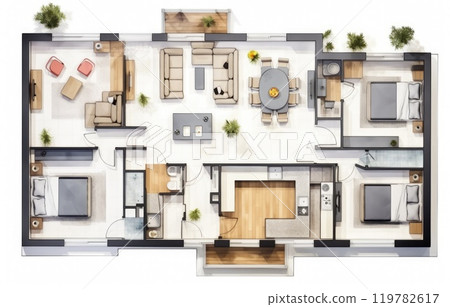 3D Top view landscape design plan with house, a private house with kitchen, bedrooms, living room, dining room, bathroom and furniture. 119782617