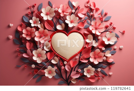 Valentines day concept background. 3d red hearts and paper cut flowers. Cute love sale banner or greeting. Valentines day concept background. 3d red hearts and paper cut flowers. Cute love sale banner or greeting. 119782641