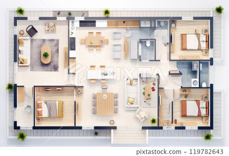 3D Top view landscape design plan with house, a private house with kitchen, bedrooms, living room, dining room, bathroom and furniture. 3D Top view landscape design plan with house, a private house with kitchen, bedrooms, living room, dining room, bathroom and furniture. 119782643
