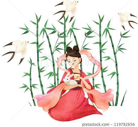 Chinese tender woman cartoon and decor watercolor hand drawn 119782656