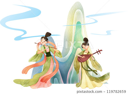 Chinese tender woman cartoon and decor watercolor hand drawn 119782659
